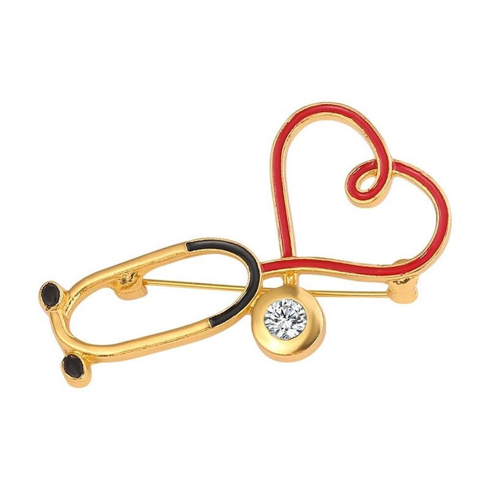 Medical Gold Crystal Heart Stethoscope Enamel Pins 259